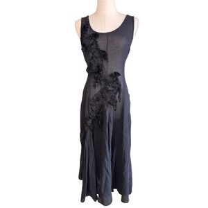 Black 100% Cotton Gauze Applique Sleeveless Midi Dress